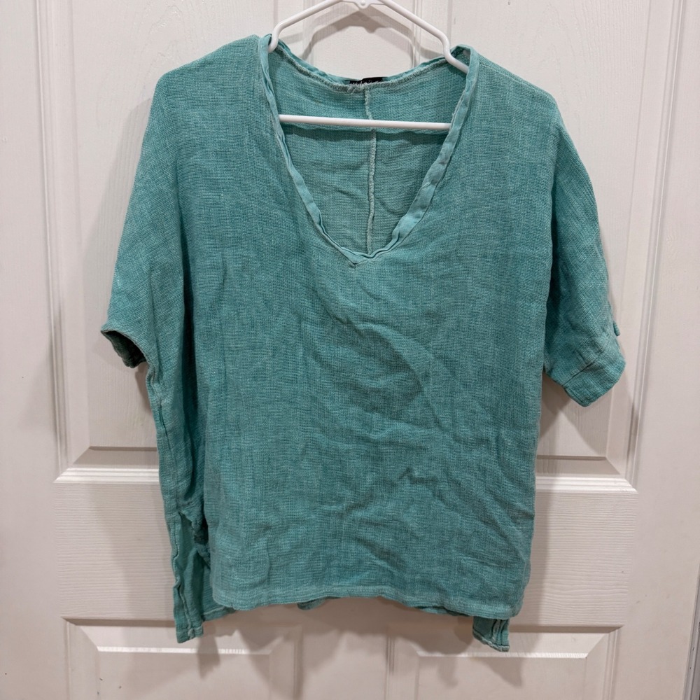 Meo Meli Italy Teal Green Cotton Linen Blend V-Neck Boxy Top Art 3474